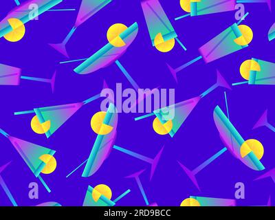 Gradient cocktails with straws seamless pattern. Alcoholic cocktail with a straw and a slice of lemon in the style of the 80s. Design of bar menu, pro Stock Vector
