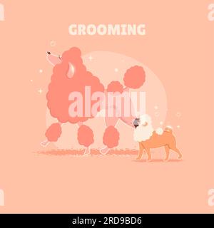 Vector cartoon illustration of cute poodle and pug running happy after swimming. Animal care concept. Stock Vector