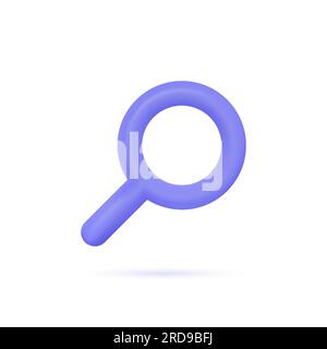 3d magnifying glass icon in minimalistic cartoon style. purple is an optical tool for finding details and reading fine print. vector illustration isol Stock Vector