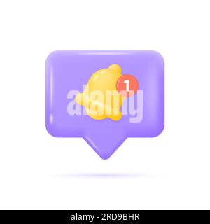 3d notification bell icon. rendering of yellow bell with new notification on speech bubble. vector illustration for social media isolated on white bac Stock Vector