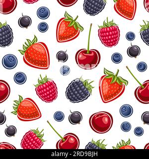 Vector Berry Seamless Pattern, repeat background with different cut out ripe garden berries for bed linen, decorative square poster with many flat lay Stock Vector