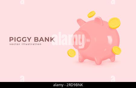 pig piggy bank and gold coins. concept of safe accumulation of capital or financial investment. vector realistic 3d illustration. Stock Vector