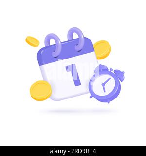 3d calendar and alarm clock with gold coins around. the concept of a reminder of timely payment for services. vector illustration in realistic style i Stock Vector