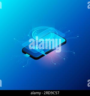 smartphone technological and digital future. mobile phone in isometric illustration. vector, realistic 3d illustration using gradient. Stock Vector