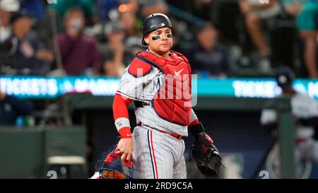 Minnesota Twins catcher Christian Vazquez (8) warms up during the top of  the seventh inning of a baseball game against the Washington Nationals,  Saturday, April 22, 2023, in Minneapolis. Washington won 10-4. (