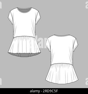 Women Peplum t shirt top gathering ruffles hem  short sleeve round neck cad mock up fashion flat sketch drawing template design vector Stock Vector