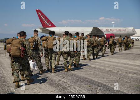 U.S. Marines with Headquarters Battalion, 1st Marine Division board an aircraft to Queensland, Australia, to begin Exercise Talisman Sabre 23 at Ontario International Airport in Los Angeles, California, July 16, 2023. The Marines are forward deployed from I Marine Expeditionary Force at Marine Corps Base Camp Pendleton, California. Talisman Sabre is the largest bilateral military exercise between Australia and the United States advancing a free and open Indo-Pacific by strengthening relationships and interoperability among key Allies and enhancing our collective capabilities to respond to a wi Stock Photo