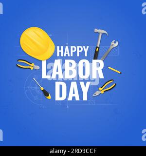 labor day promotion banner or poster template. vector illustration with construction tools. labor day celebration concept. Stock Vector