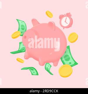 3d alarm clock,piggy bank, gold coins and dollar banknotes in flight. realistic vector illustration. the concept of accumulation, investment, money ma Stock Vector