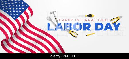 advertising banner or poster template with USA flag for labor day. vector illustration with construction tools. labor day celebration concept. Stock Vector