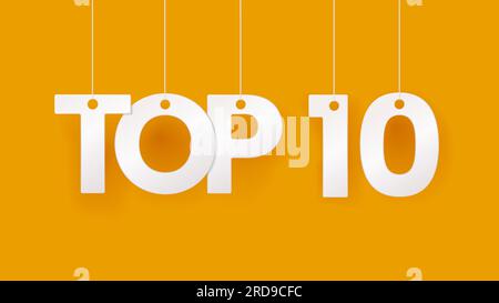 Top 10 or top ten banner. Hanging on rope or thread letter. Rating chart. Yellow background. Vector illustration Stock Vector