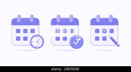 3d calendar icons in three versions with clock, pencil and check mark. vector illustration in realistic style isolated on white background Stock Vector