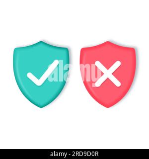 shield with checkmark and cross 3d. vector cartoon illustration isolated on white background. Stock Vector