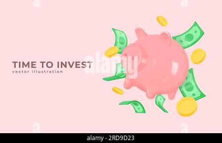 3d pig piggy bank, gold coins and dollar banknotes in flight. realistic vector illustration. the concept of accumulation, investment, money management Stock Vector