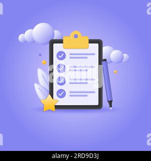 checklist 3d with check marks. the concept of a completed task, work plan, test or exam. vector illustration isolated on white background. Stock Vector