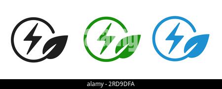 Icon symbol of green electricity eco environmental friendly power source thunder bolt in leaves circle Stock Vector