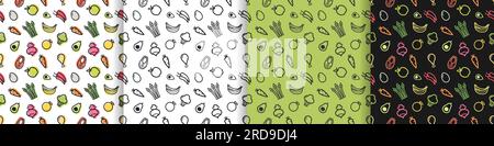 set of minimalistic linear patterns with fruits and vegetables. the concept of healthy eating and wholesome food. vector illustration for packaging. Stock Vector