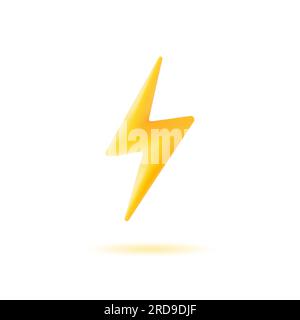 yellow 3d thunder lightning or flash in minimalistic cartoon style. vector illustration isolated on white background Stock Vector