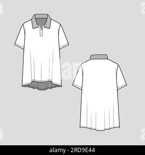 Women basic dip hem Polo short sleeve t shirt top blouse flat sketch drawing template design vector Stock Vector