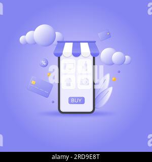 shopping app on smartphone screen. vector 3d illustration on purple background. Stock Vector