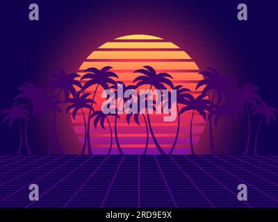Retro sci-fi background with retro sun, palm trees and 80s style perspective grid. Futuristic sunset with palm trees. Synthwave and retrowave style. D Stock Vector