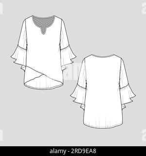 women criss cross neck and hem sleeve ruffles flat sketch technical drawing vector design Stock Vector