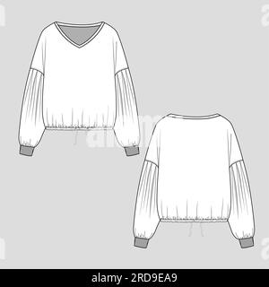 Women drop shoulder top tunnel drawstring gathering hem long sleeve cuffs   loose fit sweatshirt Stock Vector