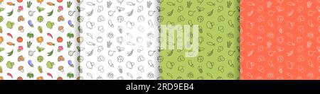 set of minimalistic linear vegetarian patterns with vegetables. tomatoes, cucumbers, potatoes, asparagus, broccoli, cabbage, corn. vector illustration Stock Vector