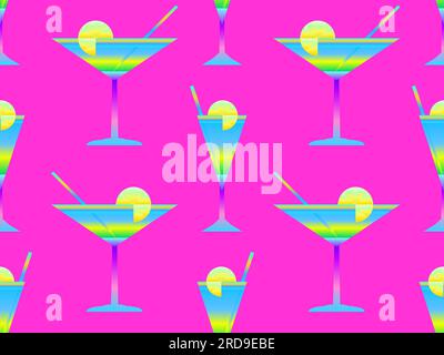 Seamless pattern with gradient cocktails with straws. Cone glass for vermouth with a straw and a slice of lemon in the style of the 80s. Design of wal Stock Vector