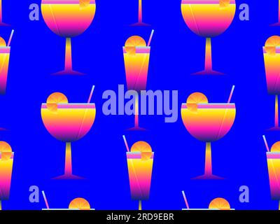 Seamless pattern with gradient cocktails with straws. Alcoholic cocktail with a straw and a slice of orange in the style of the 80s. Design of wallpap Stock Vector