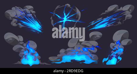Cartoon set of explosion effects with neon blue fire and grey clouds of smoke. Vector illustration of comic style blast, puff, fast speed motion, dust trail, boom wave animation isolated on black Stock Vector