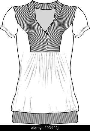 women fancy neck ribbed button panel top sketch vector Stock Vector