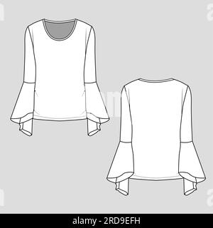 women Fashion bell sleeve ruffles crew neck flat sketch drawing template design vector Stock Vector