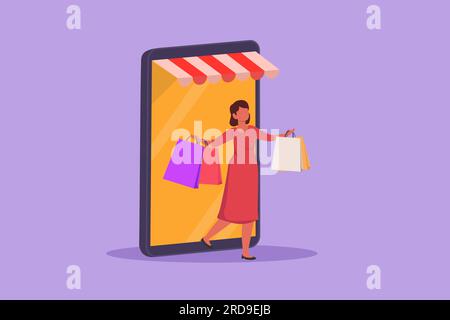 Cartoon flat style drawing young woman coming out of canopy smartphone screen holding shopping bags. Sale, digital lifestyle, consumerism. Online stor Stock Photo