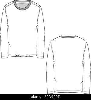Regular Crew neck Long Sleeve T-shirt Template technical Flat Sketch Drawing Stock Vector