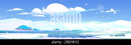 North Pole winter glacier cartoon landscape vector. Ice and snow antarctica land with broken and crack hole on ground surface. Freeze sea or river wild snowy canada scenery illustration design Stock Vector