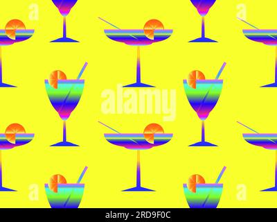 Seamless pattern with gradient cocktails with straws. Alcoholic cocktail with a straw and a slice of orange in the style of the 80s. Design of wallpap Stock Vector