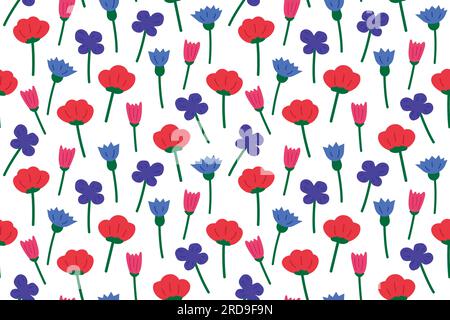 summer flowers seamless pattern with poppies, pansies, cornflowers - vector illustration Stock Vector