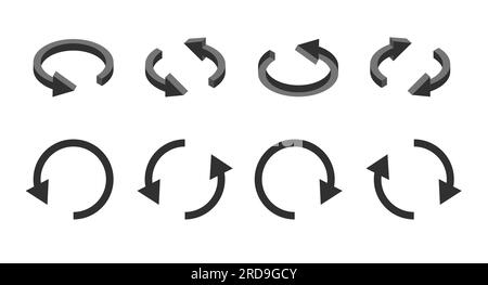 3d and flat update symbol. Isometric arrows black icon. Reload, refresh or upgrade concept. Vector illustration isolated on white background. Stock Vector