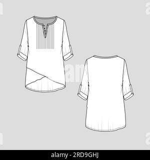 Womens Fashion Henley button panel pleated front crisscross hem roll tab long sleeve blouse top flat sketch technical drawing vector design Stock Vector