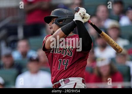 LOS ANGELES, CA - MARCH 30: Arizona Diamondbacks catcher Gabriel Moreno  (14) looks on during the MLB game between the Arizona Diamondbacks and the  Los Angeles Dodgers on March 30, 2022 at