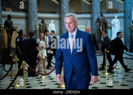 Washington, USA. 19th July, 2023. Speaker of the House Kevin McCarthy (R-CA) arrives for a press conference, at the U.S. Capitol, in Washington, DC, on Wednesday, July 19, 2023. (Graeme Sloan/Sipa USA) Credit: Sipa USA/Alamy Live News Stock Photo