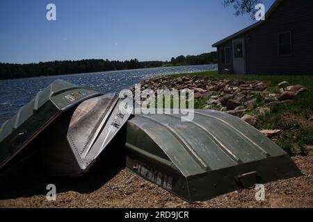 Boats parked on Parker Lake, Oxford Wisconsin Stock Photo
