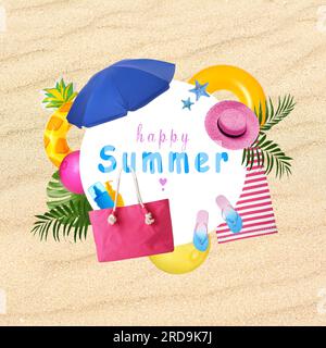 Phrase Happy summer in frame of different beach accessories and green leaves on sand. Collage design Stock Photo
