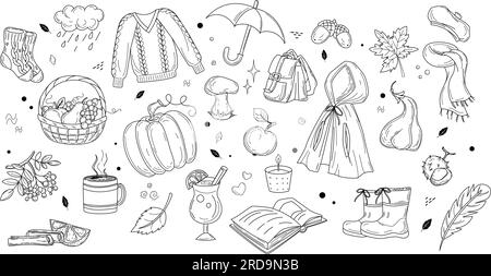 Set on the theme of autumn in the style of black and white doodle. Vector image by September 1 for flyers, banners, covers. Stock Vector