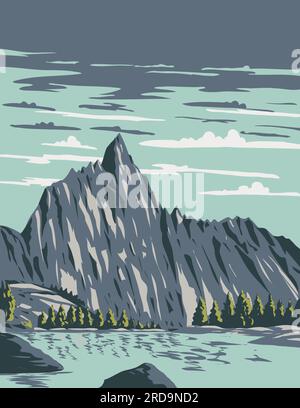 WPA poster art of Prusik Peak in the Enchantments within Alpine Lakes Wilderness of the Cascade Mountain Range in Washington State, United States of A Stock Photo