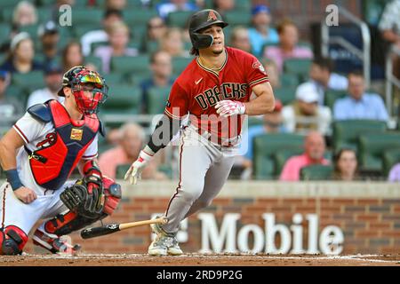 ATLANTA, GA – JULY 19: Arizona catcher Gabriel Moreno (14) reacts after  catching a pop up during the MLB game between the Arizona Diamondbacks and  the Atlanta Braves on July 19th, 2023