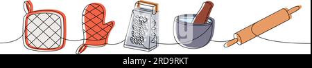Kitchen utensils one line colored continuous drawing. Kitchen mitten, glove, hand steel grater, mortar, rolling pin continuous one line illustration. Stock Vector
