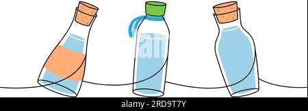 Set of glass bottles one line colored continuous drawing. Empty glass bottles continuous one line illustration. Vector linear illustration. Stock Vector