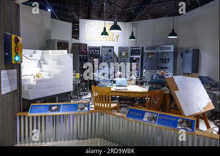 An exhibit based on the laboratory environment for the assembly of the first atomic bomb is displayed at the National Museum of Nuclear Science & History on July 19, 2023 in Albuquerque, New Mexico. The movie “Oppenheimer”, directed by Christopher Nolan, is set for release on July 21, 2023 and has spurred an increase in atomic tourism in which visitors learn about the Atomic Age by visiting significant sites in atomic history and museums with nuclear artifacts according to a recent Wall Street Journal story. (Photo by Sam Wasson/Sipa USA) Stock Photo